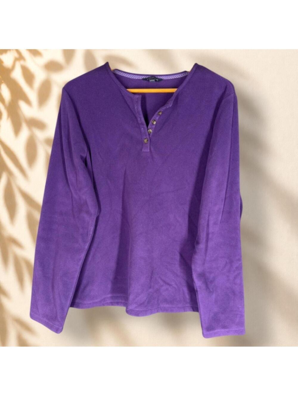Lands' End Sweater Pullover Women XL Purple Button Fleece Long Sleeve Soft Cozy